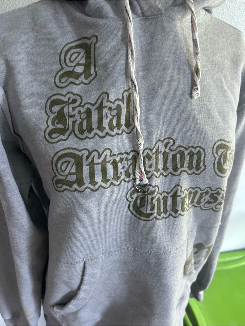 Harajuku Lovers Girls Light Gray Hoodie with Olive Script Graphic